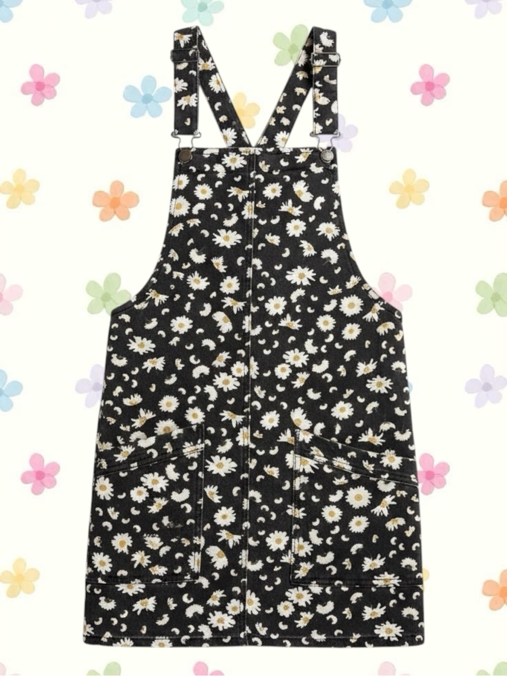 No Boundaries Floral Denim Overall Pinafore Dress Medium